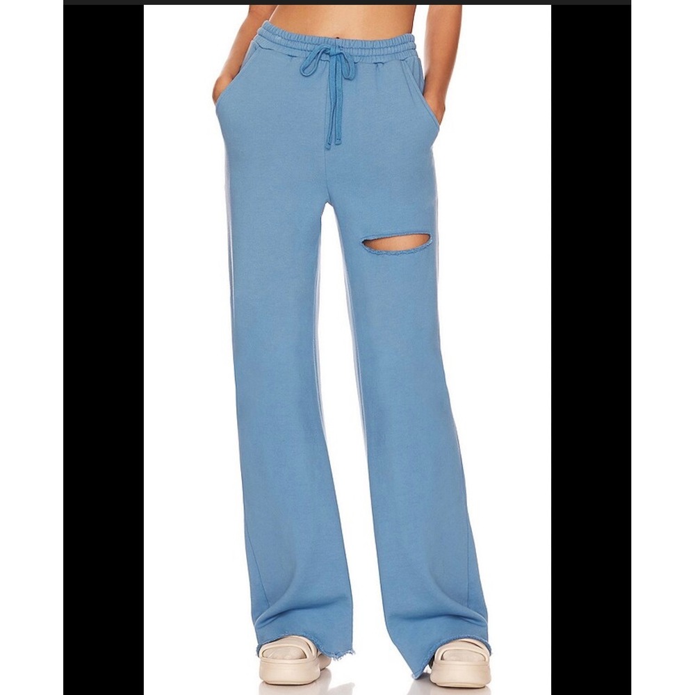 Lovers and‎ Friends Wide Leg Sweatpants Large Blue Distressed Cutout Raw Hem USA